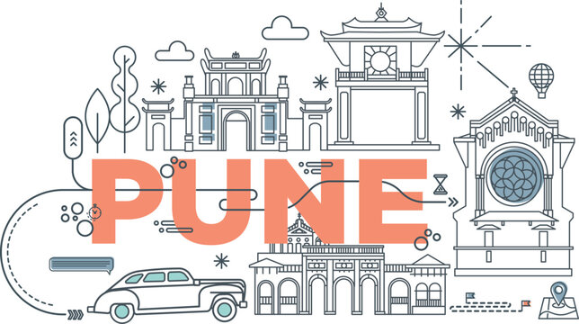 Pune culture travel set, Indian famous architectures and Memphis specialties in flat design. Business travel and tourism concept clipart. Image for presentation, banner, website, advert, flyer roadmap