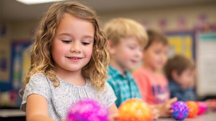 Children play with colorful balls in classroom during an art activity
