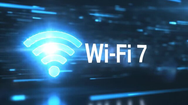Wi-Fi 7 logo animation with glowing blue digital particles. Next generation wireless internet connection concept. High speed network technology background