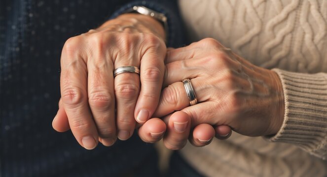 Senior couple holding hands with wedding rings. Close-up on aged hands showing love, support, and lifelong commitment
