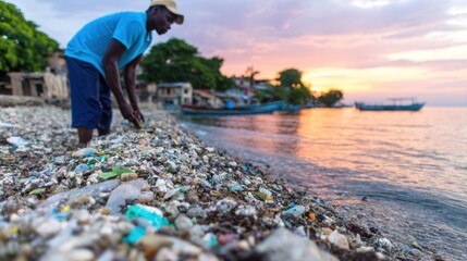 Man cleans trash from the beach during sunset in a coastal area