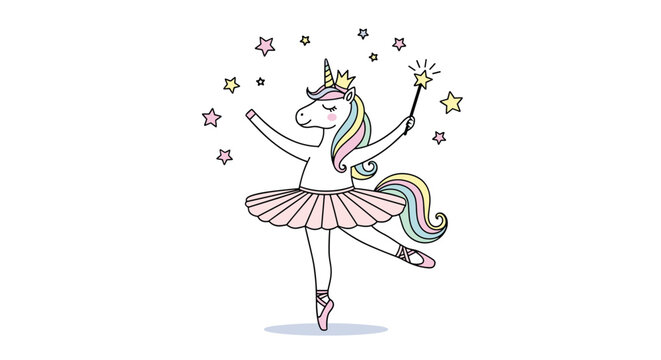 Magical unicorn ballerina in a pink tutu and crown dancing gracefully with a magic wand surrounded by colorful pastel stars.