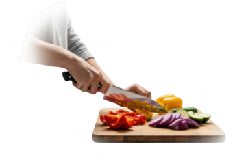 Person chopping vegetables on cutting board isolated on transparent background