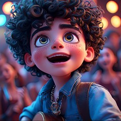 Young boy with curly hair singing and smiling on stage at concert  