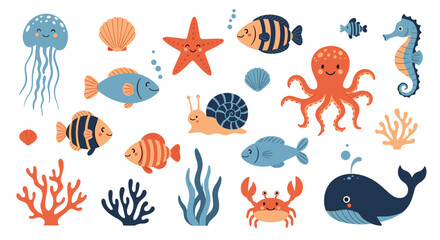 A large and colorful collection of cute cartoon sea creatures including a whale octopus fish crab jellyfish seahorse and starfish.