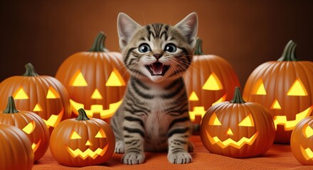 Cute tabby kitten with open mouth sits among glowing carved pumpkins. Perfect for Halloween greeting cards, seasonal decorations, or autumn pet themed projects. Brown background adds warmth.
