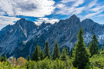 Majestic Tannheimer Valley Peaks Glowing Under Autumn Skies Along Fuessener Joechle Hike Route