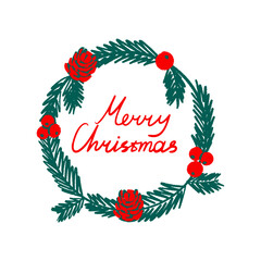 Classic Christmas wreath illustration on white isolated background. Hand drawn festive decoration