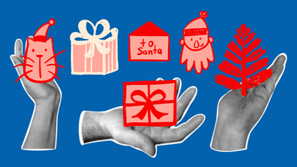 Christmas collage with hand drawn retro elements. Halftone hands in vintage style.