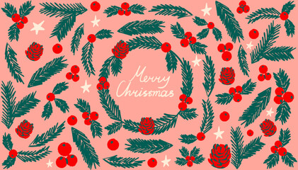 Christmas design with a wreath and green evergreen branches. Vector illustration drawn with markers in naive art style