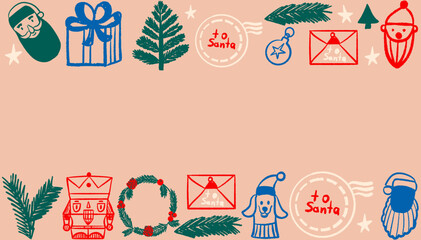 Christmas frame with hand drawn santa claus, gift boxes, evergreen trees, nutcrackers, and festive letters. Festive card with copy space