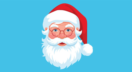 A classic and cheerful portrait of Santa Claus's smiling face with a white beard red hat and glasses on a blue background.