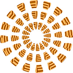 A bold abstract composition features glossy golden curved segments arranged in a swirling spiral pattern against