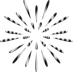 An abstract monochrome radial composition of elongated silver-white shapes radiates symmetrically from the center on a black background, forming a sleek metallic sunburst pattern.