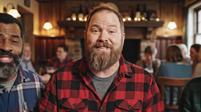 Diverse group of male friends toasting with beer in a rustic pub. Happy men celebrating and laughing together at a bar. Friendship and camaraderie concept