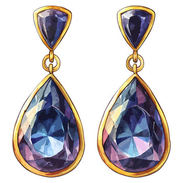Watercolor blue and purple sapphire drop earrings, gold, vector
