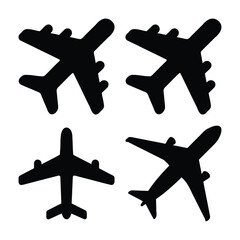 Four black airplane silhouettes symbolize global travel and aviation icons