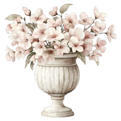 Watercolor floral bouquet in vintage stone urn, vector illustration
