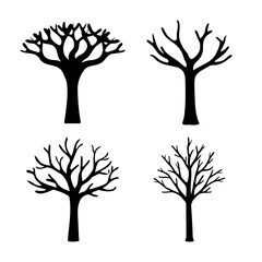 Minimalist collection of bare tree silhouettes showcasing distinct winter branch structures
