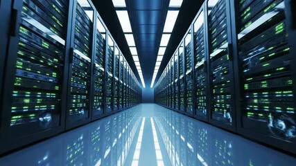 Futuristic data center corridor with rows of server racks, blinking LED lights, and reflective floor representing cloud computing infrastructure and big data storage - Powered by Adobe