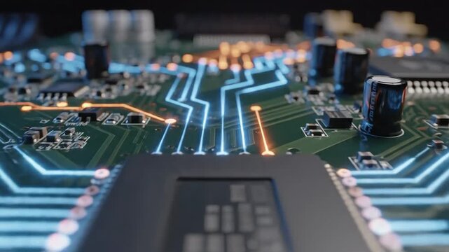 Computer Motherboard with Glowing Circuits - A macro shot captures a computer motherboard with a central microchip, surrounded by glowing blue and orange circuits.