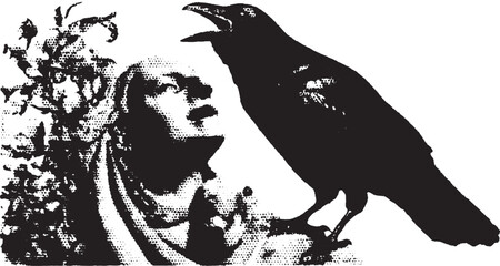 Obraz premium Crow and figure silhouette in vintage style. Detailed monochrome vector illustration with mysterious themes.