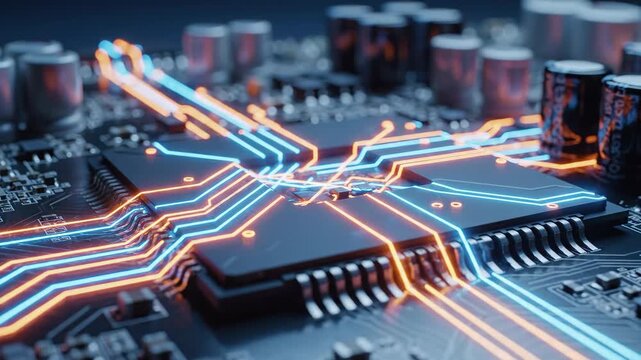 High Tech Circuit Board Close-Up - A close-up shows a detailed view of a circuit board with visible capacitors and an integrated circuit.