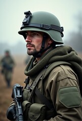 Naklejka premium AI generated Military operative in tactical gear surveys environment with alertness