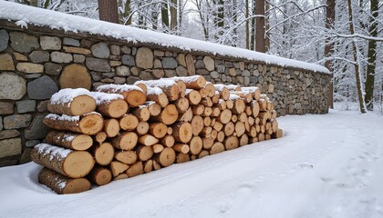 Stacked firewood in snowy forest with stone wall background  