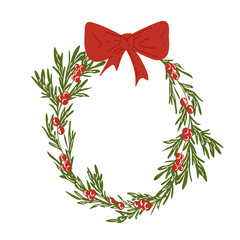 Festive Christmas wreath with winter floral elements and red bow. Green branches with red berries oval frame. Vector hand drawn chaplet illustration for greeting card, invitations with copy space