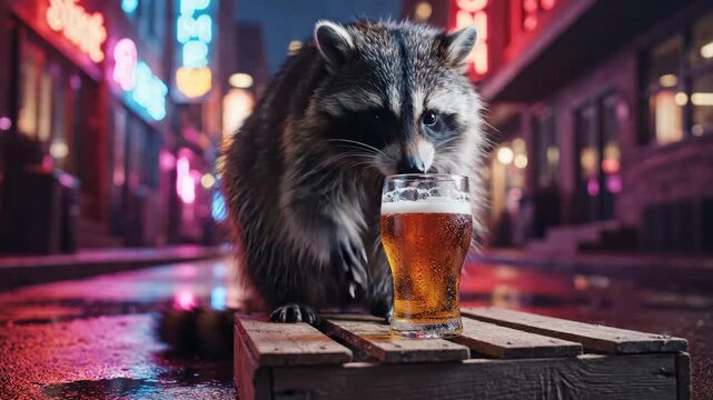Raccoon Enjoying a Beer - A raccoon is standing on a wooden crate, holding a glass of beer in its paws.