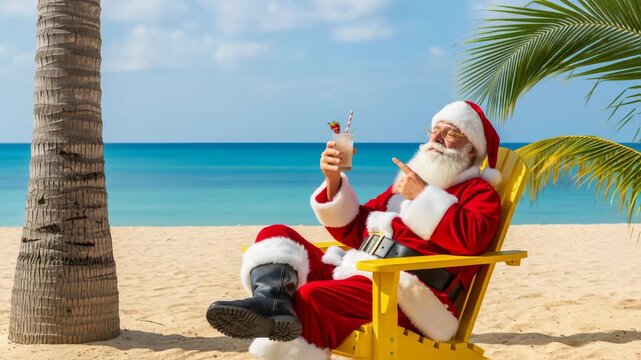 Santa Claus relaxing on a beach chair by the ocean, enjoying a festive drink, embodying the spirit of Christmas and New Year vacation vibes in a tropical paradise.