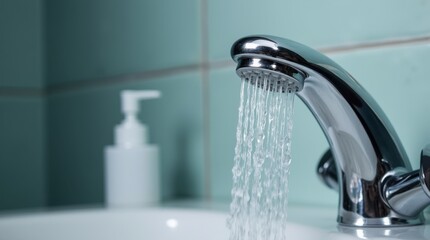 Water running from shower head modern bathroom faucet closeup
