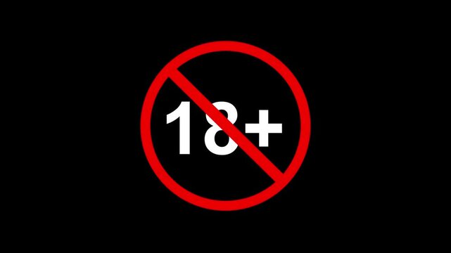 age restriction 18 plus warning sign on green screen. symbol for age requirement 18 and above. warning against unsuitable content for minors. legal age limit sign with glowing red circle.
