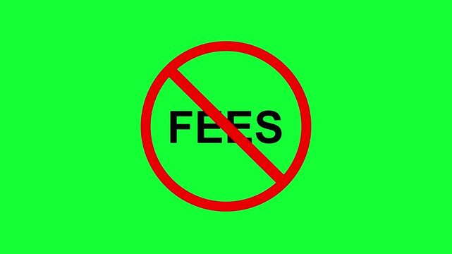free of charge promotion icon green screen. fees concept with prohibition symbol chroma key. zero cost and free service graphic with crossed out text.