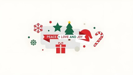 Clean Christmas Background with Flat Festive Icons, Modern Holiday Vector Illustration, Peace Love and Joy
