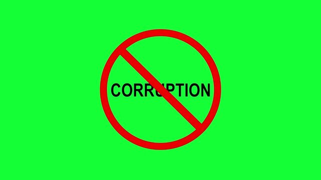 stop corruption concept with red prohibition symbol. no corruption allowed graphic with crossed out text. fight against corruption and fraud icon. ban on bribery and illegal activities visualization. 