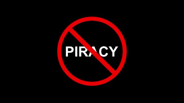 no piracy symbol with glowing red circle. digital copyright protection and anti-theft graphic. stop piracy concept with red prohibition symbol. red anti-piracy warning sign on black background.