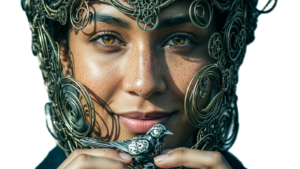 Tan-Skinned Person with Amber Eyes and Twisted Bronze Wire Headdress on Transparent Background
