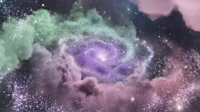 Cosmic Cloudscape with Glittering Galaxy - This video showcases a captivating cosmic scene with swirling, colorful clouds framing a bright, glittering galaxy.
