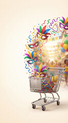 Carrinho de Supermercado com Explos&atilde;o de Itens de Carnaval e Confete - Fundo para Ofertas Comerciais com Espa&ccedil;o para Texto
