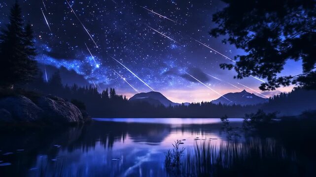 Night sky with meteor shower above lake and forest landscape