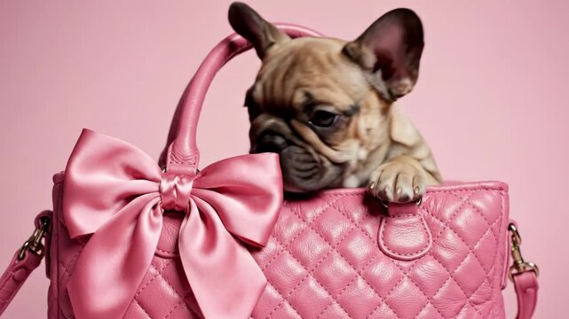 Puppy in Pink Purse - A fawn French bulldog puppy sits inside a pink quilted leather purse with a large pink bow. The dog is looking forward with a curious expression against a pink background.