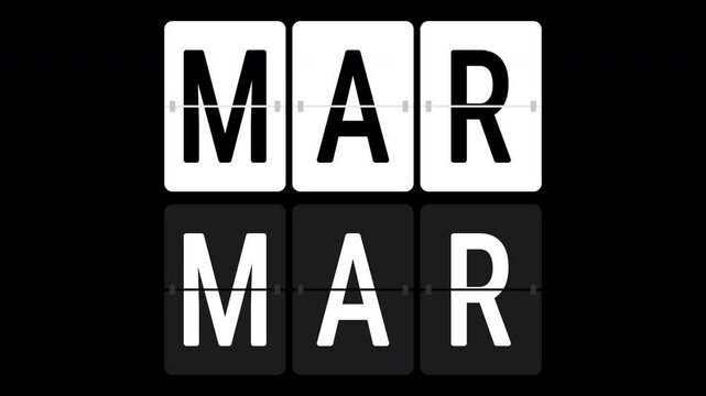 Months of the year flip board animated with alpha channel. Flip card with abbreviated month motion graphic on transparent background. Jan. Feb. Mar. Apr. May. Jun. Jul. Aug. Sep. Oct. Nov. Dec.