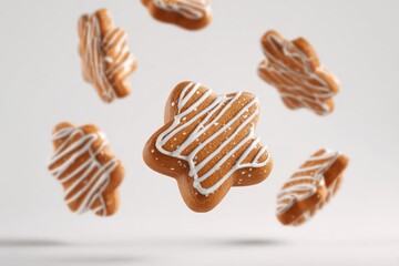 Gingerbread cookies with white icing falling against a light background