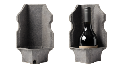 Molded pulp wine bottle shipper in grey recycled paper, eco friendly packaging for wine bottles, sustainable shipping solution