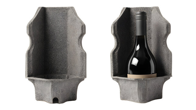 Molded pulp wine bottle shipper in grey recycled paper, eco friendly packaging for wine bottles, sustainable shipping solution