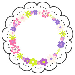 Playful pastel floral wreath with a scalloped border and dotted accents on a white background. Perfect for invitations, cards, nursery decor, spring designs, and cheerful branding.