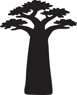 African Baobab Tree Thick Trunk Root Branches Silhouettes isolated on white background