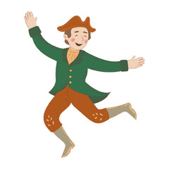 Cheerful hand drawn illustration of a smiling man dancing with open arms. Character wears a traditional vintage outfit, conveying joy, celebration, folklore, and playful storytelling style.